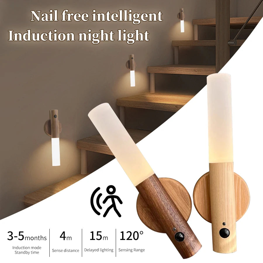 Rechargeable Human Body Induction Night Light Magnetic Motion Sensor Wood Wall Lamp Cabinet Light for Kitchen Stairs Wardrobe