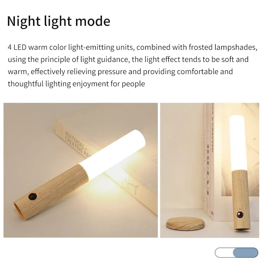Rechargeable Human Body Induction Night Light Magnetic Motion Sensor Wood Wall Lamp Cabinet Light for Kitchen Stairs Wardrobe