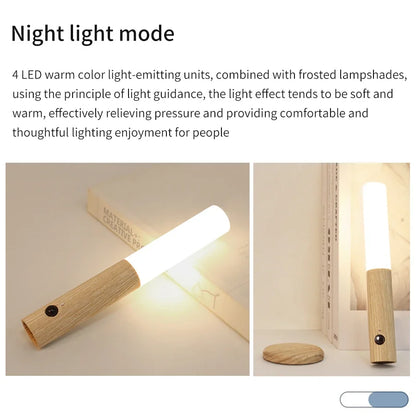 Rechargeable Human Body Induction Night Light Magnetic Motion Sensor Wood Wall Lamp Cabinet Light for Kitchen Stairs Wardrobe