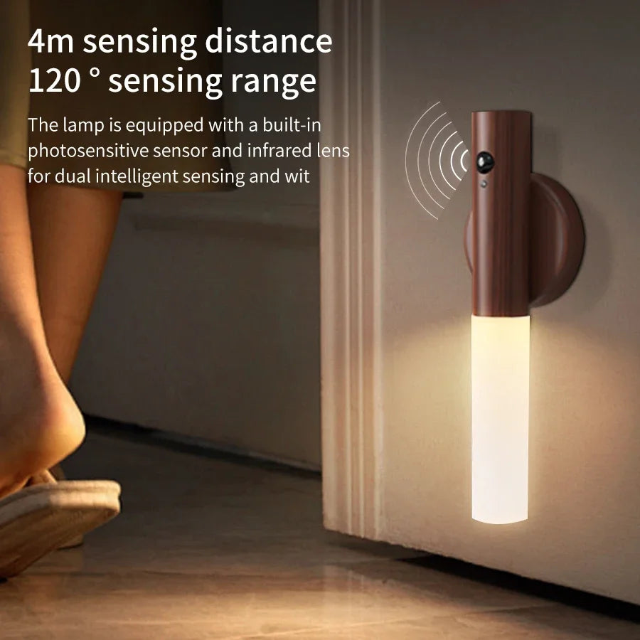 Rechargeable Human Body Induction Night Light Magnetic Motion Sensor Wood Wall Lamp Cabinet Light for Kitchen Stairs Wardrobe