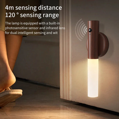 Rechargeable Human Body Induction Night Light Magnetic Motion Sensor Wood Wall Lamp Cabinet Light for Kitchen Stairs Wardrobe